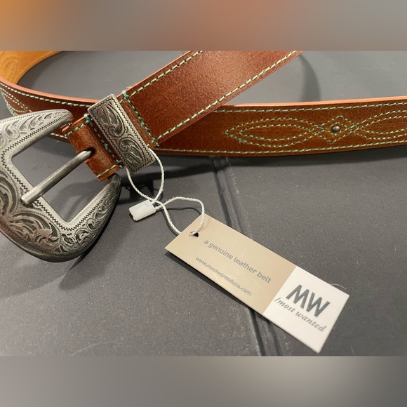 Most Wanted Genuine Leather Gaucho Belt Tan Silver Buckle Green Stitching XL NEW main image 6